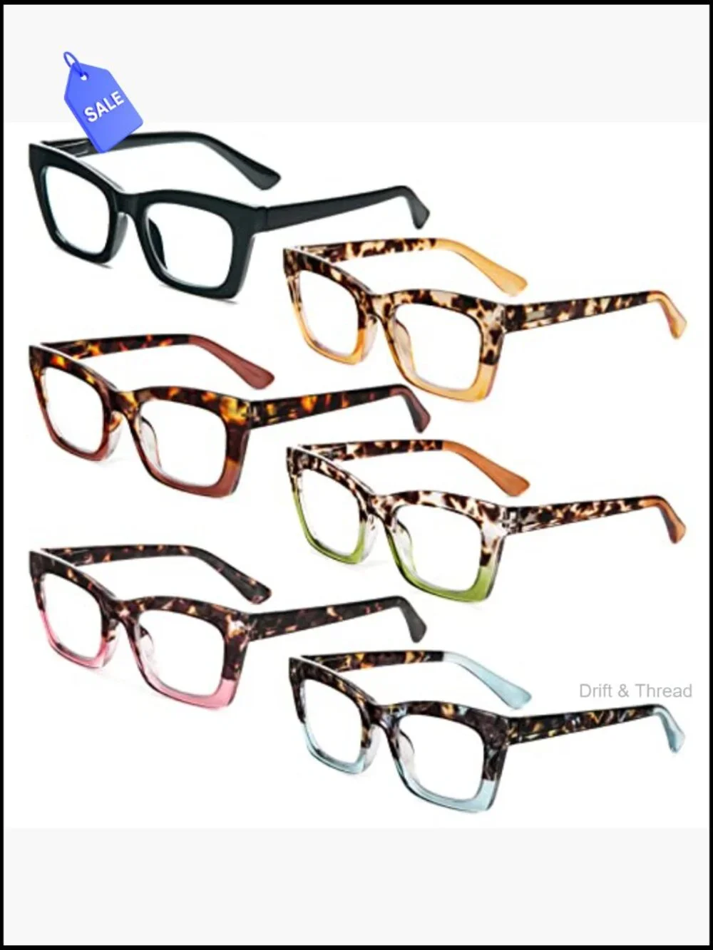 6 Pc Square Readers Blue Light Blocking Spring Hinge Women